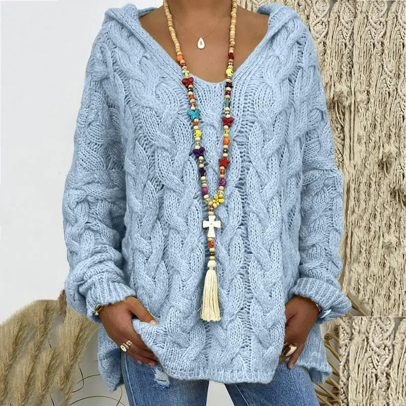 Martha Maglione Donna con Cappuccio – Pullover Invernale a Trecce Morbido Vestibilità Relax