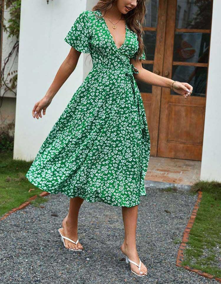Giulia Midi šaty pro ženy – výstřih do V, květinové zavinovací a elegantní letní áčkové