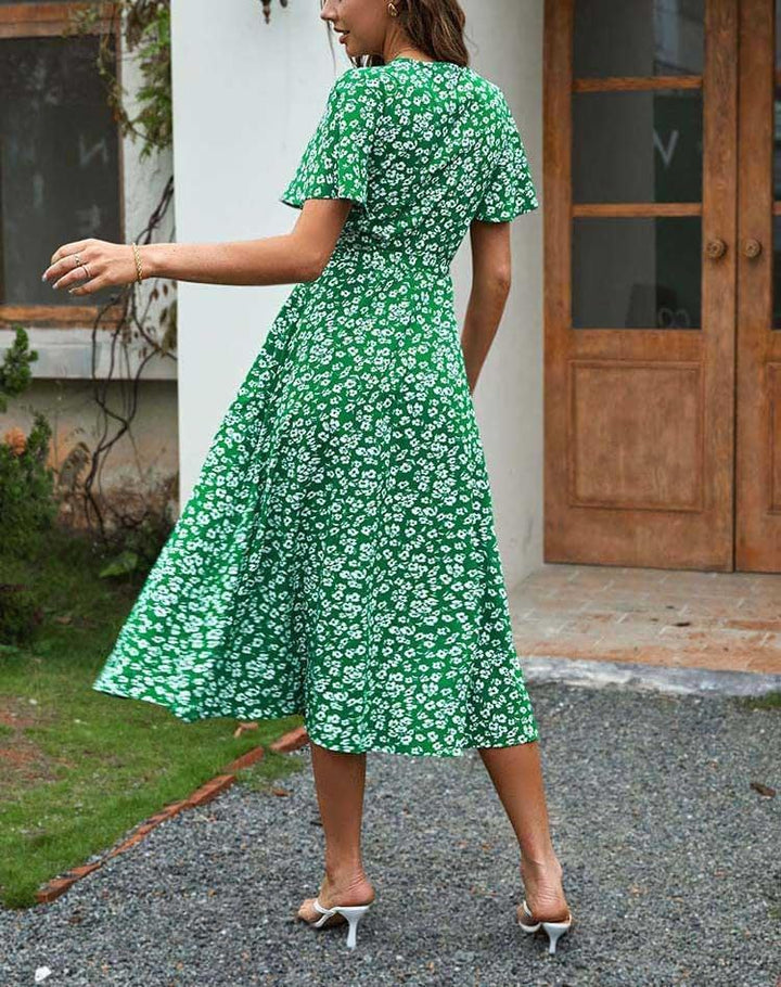 Giulia Midi šaty pro ženy – výstřih do V, květinové zavinovací a elegantní letní áčkové