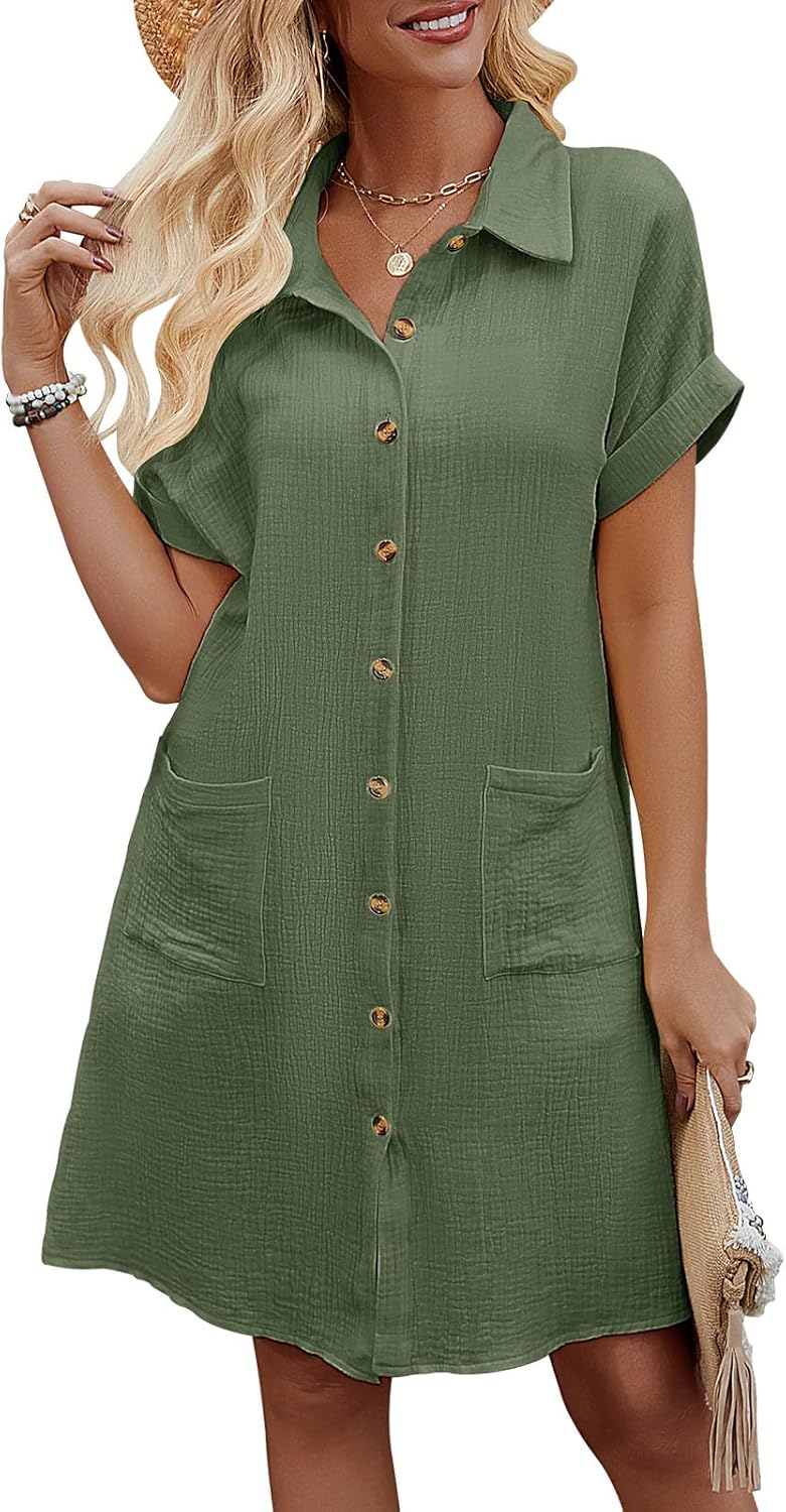 Rada Vestito Camicia Donna – Cotone 100%, Scollo V & Tasche Casual Estivo