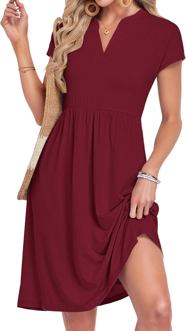 Lyra Vestito Midi Donna – Výstřih do V, Plisovaný a Kapsy, Elegantní Casual Styl