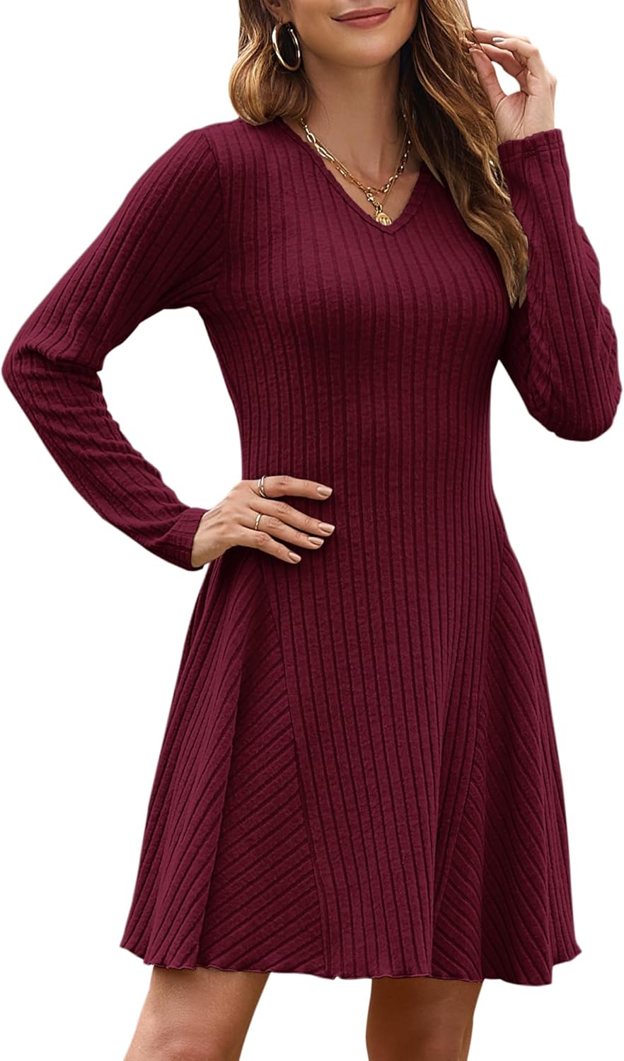 Kinsley Vestito Maglia Donna – Scollo V, A-Line & Design a Righe Elegante Invernale