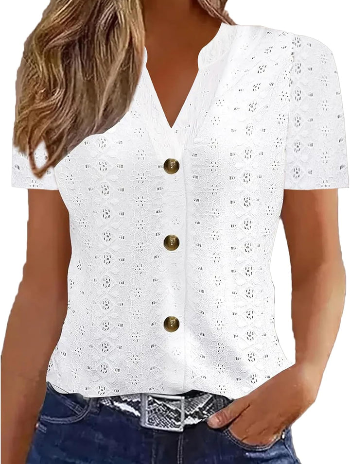 Zoya Blouse Femme Élégante – Top Lin Estival Col V, Broderies Ajourées, Manches Courtes