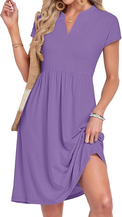 Lyra Vestito Midi Donna – Výstřih do V, Plisovaný a Kapsy, Elegantní Casual Styl