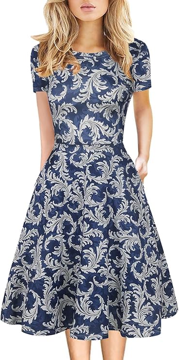 Nyla Dámské Šaty – Vintage Květinový Vzor, Áčkový Střih & Elegantní Kapsy do Kanceláře