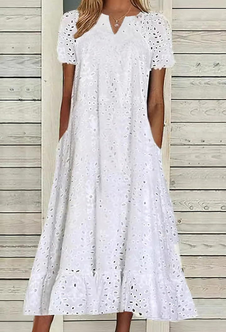 Bianca Vestito Midi Donna – Pizzo Sangallo Floreale, Scollo a V & A-Line con Tasche