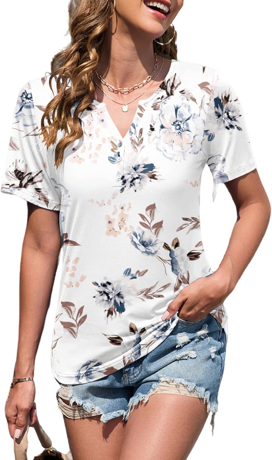 Wren T-Shirt Donna Elegante – Top Estivo Scollo V Henley, Bottoni, Maniche Corte