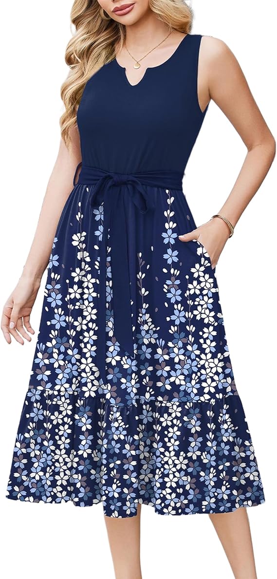Remy Vestito Midi Damen – V-Ausschnitt, Ärmellos & A-Linie mit eleganten Taschen