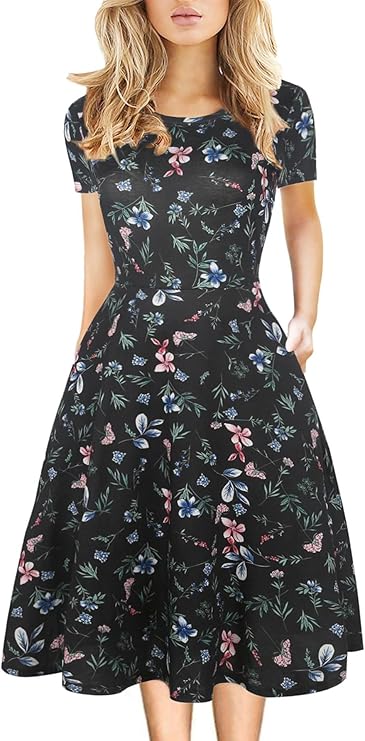 Nyla Dámské Šaty – Vintage Květinový Vzor, Áčkový Střih & Elegantní Kapsy do Kanceláře