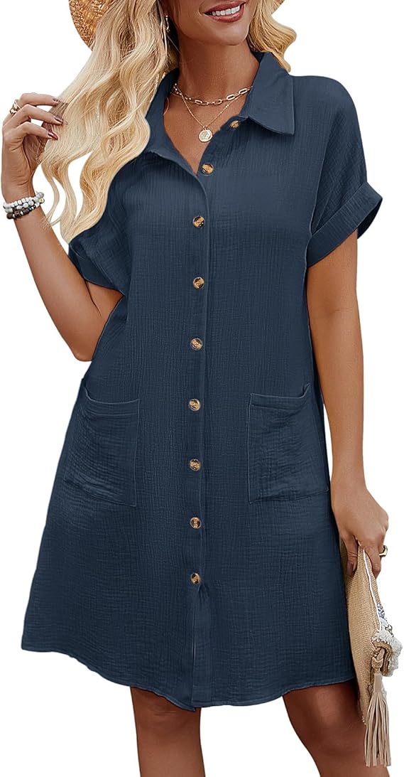 Rada Vestito Camicia Donna – Cotone 100%, Scollo V & Tasche Casual Estivo