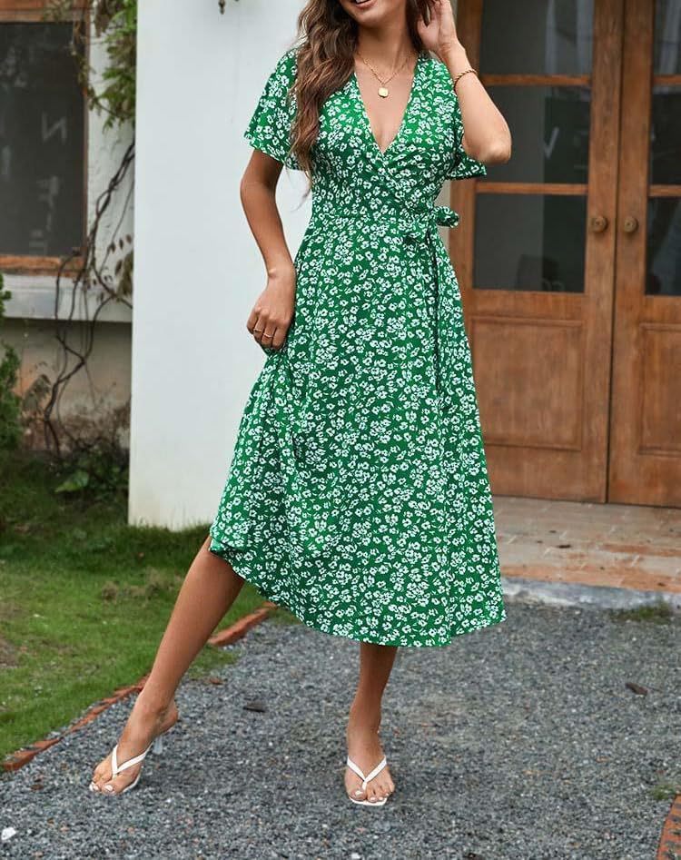 Giulia Midi šaty pro ženy – výstřih do V, květinové zavinovací a elegantní letní áčkové
