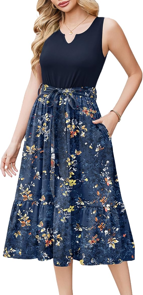 Remy Vestito Midi Damen – V-Ausschnitt, Ärmellos & A-Linie mit eleganten Taschen