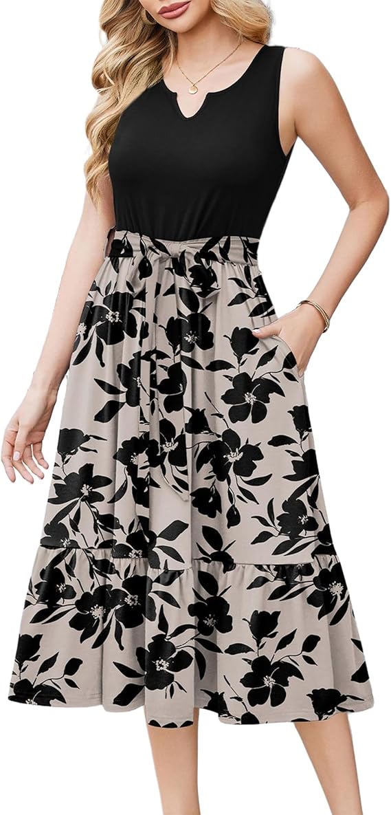 Remy Vestito Midi Damen – V-Ausschnitt, Ärmellos & A-Linie mit eleganten Taschen