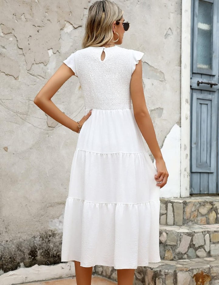 Everly Midi šaty pro ženy – rukávy s volánky, elastický pas a elegantní áčkový střih