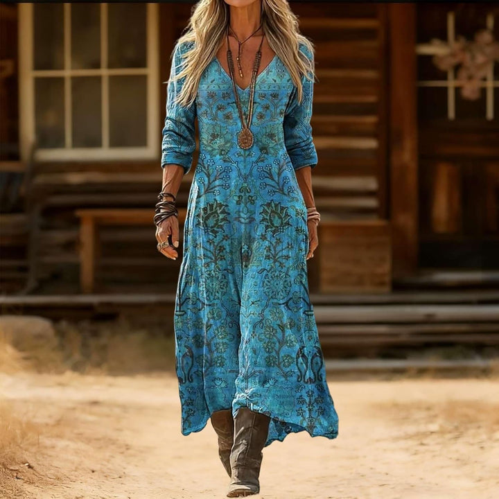 Alora Maxi šaty pro ženy – len a bavlna, výstřih do V a etnický vintage boho potisk
