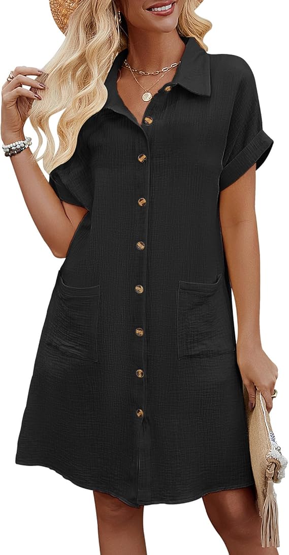 Rada Vestito Camicia Donna – Cotone 100%, Scollo V & Tasche Casual Estivo