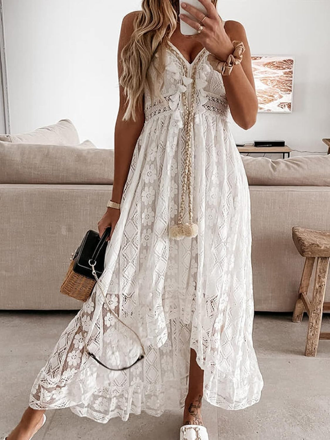 Dream Φόρεμα Maxi Γυναικείο – V Λαιμόκοψη, Δέσιμο & Boho Σχέδιο με Κομψές Βολάν