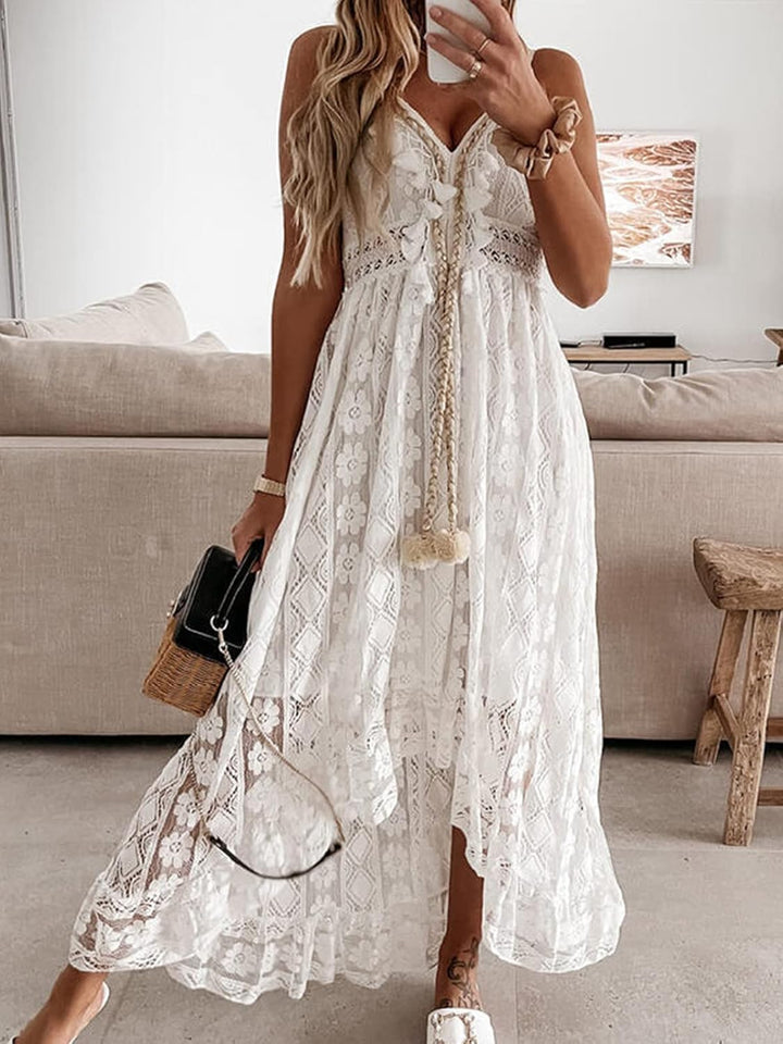 Dream Φόρεμα Maxi Γυναικείο – V Λαιμόκοψη, Δέσιμο & Boho Σχέδιο με Κομψές Βολάν