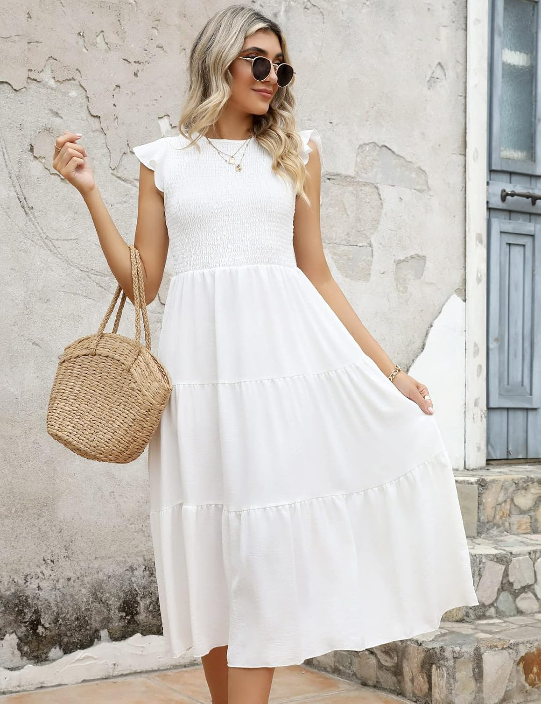 Everly Midi šaty pro ženy – rukávy s volánky, elastický pas a elegantní áčkový střih