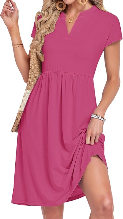 Lyra Vestito Midi Donna – Výstřih do V, Plisovaný a Kapsy, Elegantní Casual Styl
