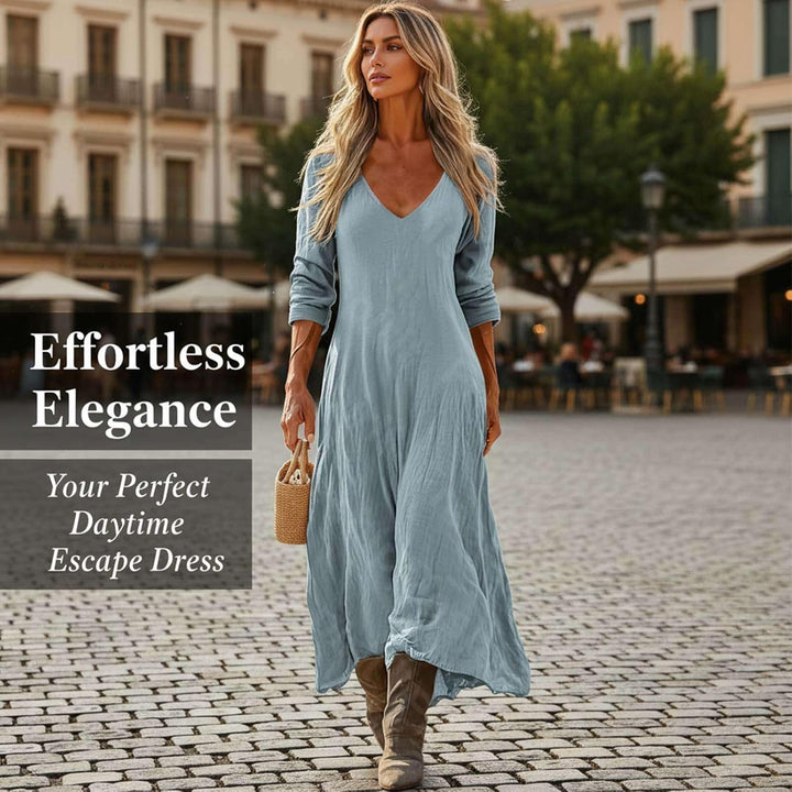 Alora Maxi šaty pro ženy – len a bavlna, výstřih do V a etnický vintage boho potisk