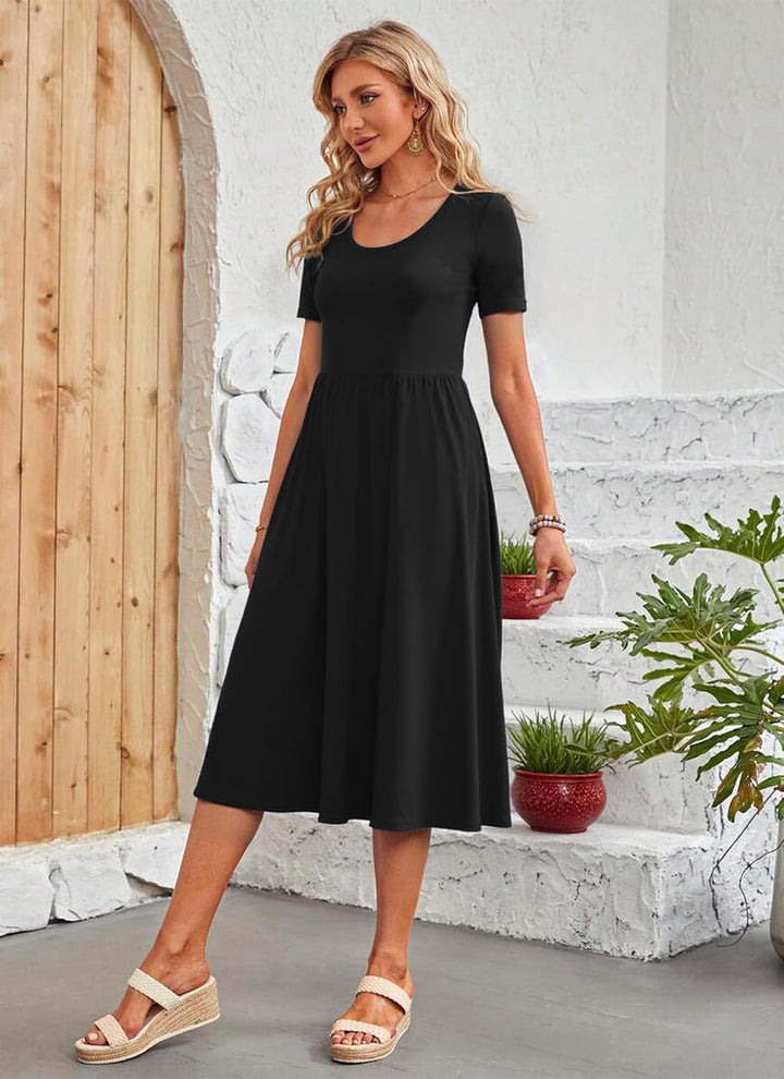 Ember Midi šaty pro ženy – plisované, s kapsami a áčkovým střihem, ležérní elegantní