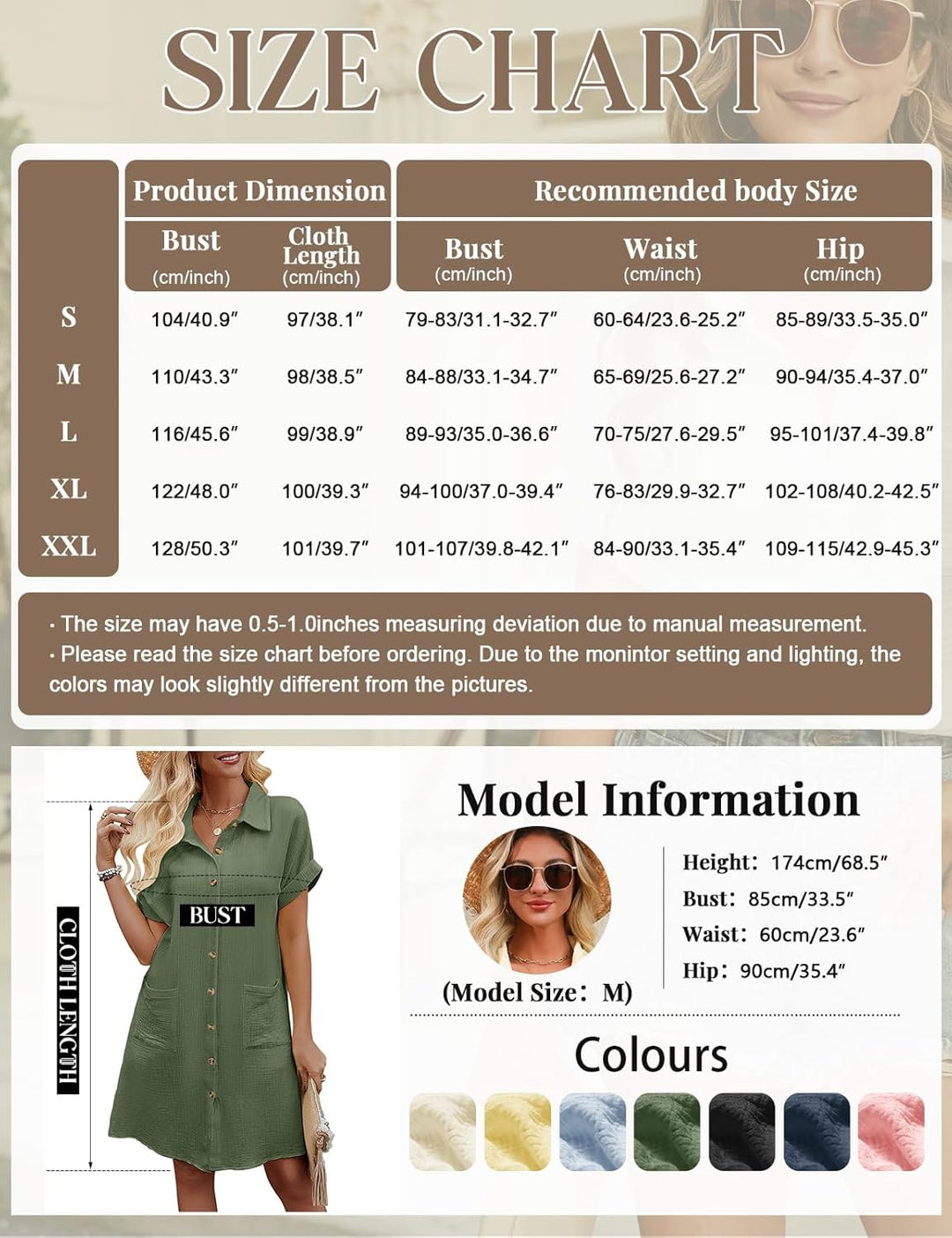 Rada Vestito Camicia Donna – Cotone 100%, Scollo V & Tasche Casual Estivo