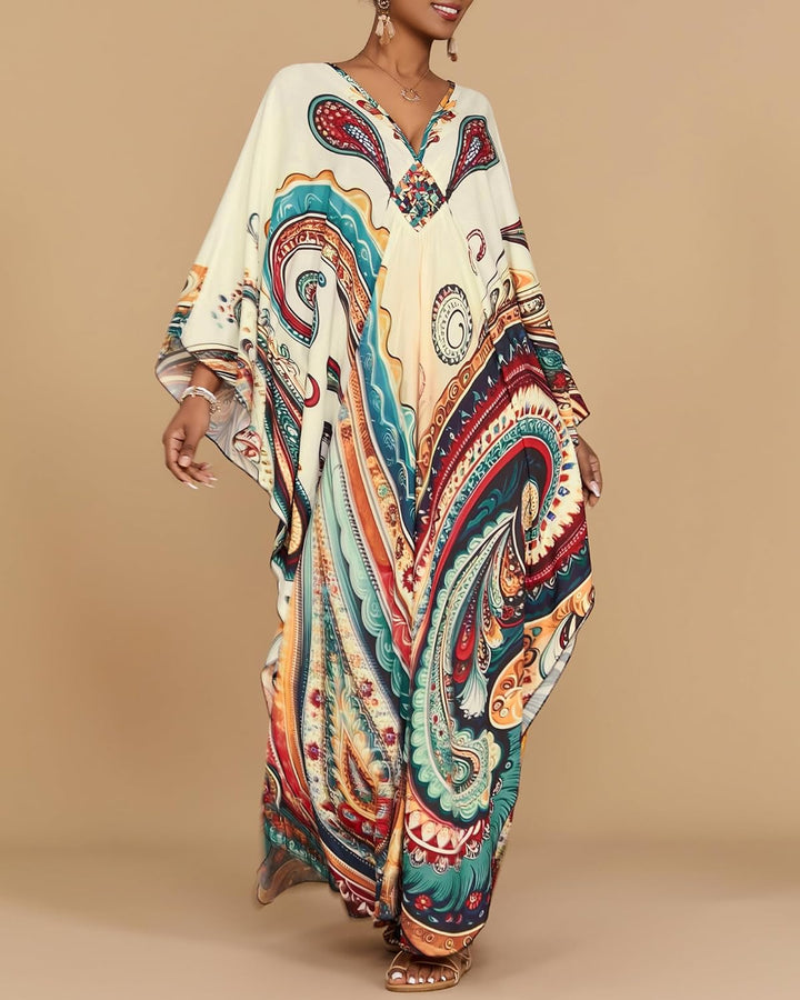 Leila Kaftano Donna Curvy – Stampa Etnica, Scollo a V & Maniche Kimono con Tasche