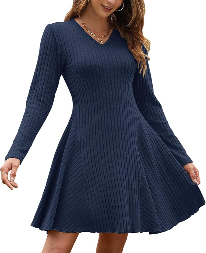 Kinsley Vestito Maglia Donna – Scollo V, A-Line & Design a Righe Elegante Invernale
