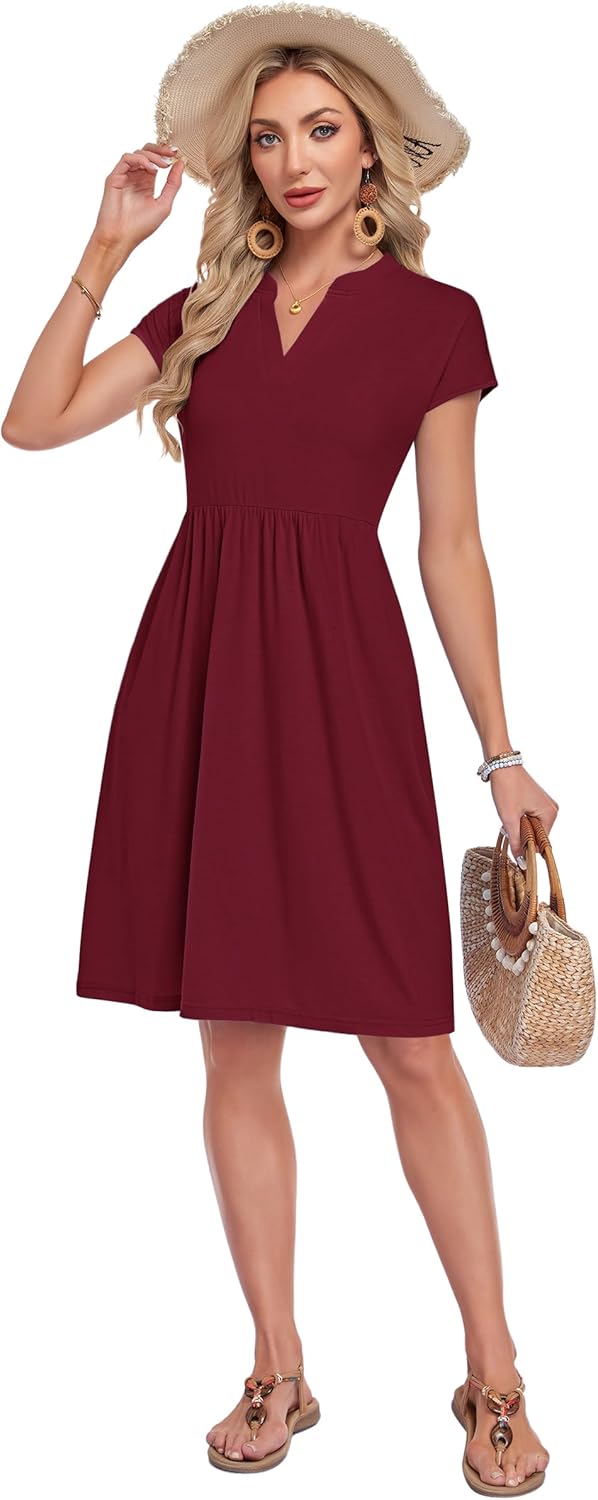 Lyra Vestito Midi Donna – Výstřih do V, Plisovaný a Kapsy, Elegantní Casual Styl