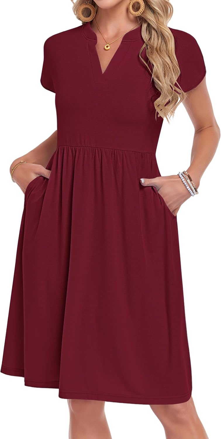 Lyra Vestito Midi Donna – Výstřih do V, Plisovaný a Kapsy, Elegantní Casual Styl