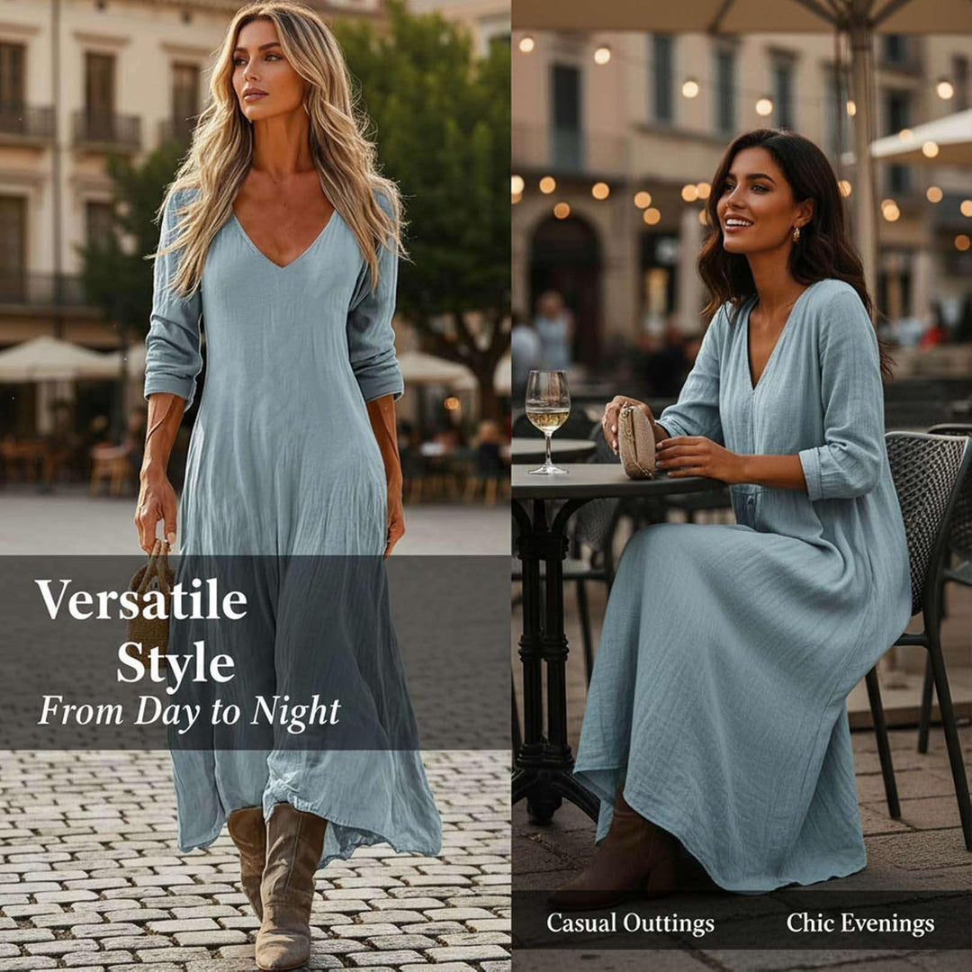 Alora Maxi šaty pro ženy – len a bavlna, výstřih do V a etnický vintage boho potisk
