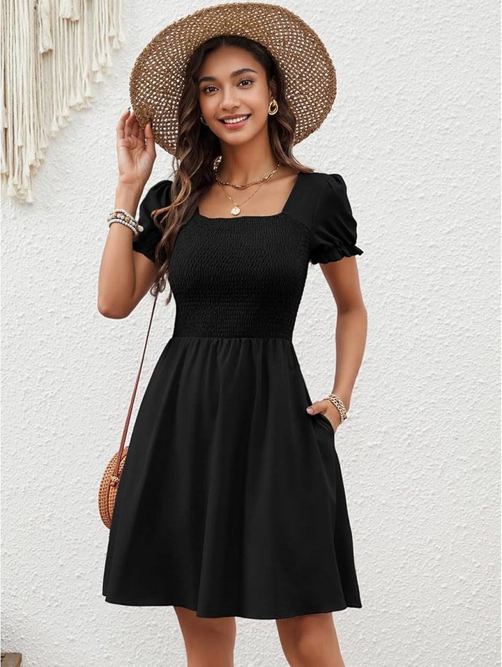 Zara Dámské Mini Šaty – Čtvercový Výstřih, Kapsy a Letní Boho A-linie Střih