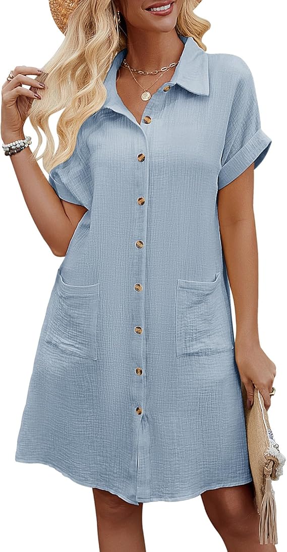 Rada Vestito Camicia Donna – Cotone 100%, Scollo V & Tasche Casual Estivo