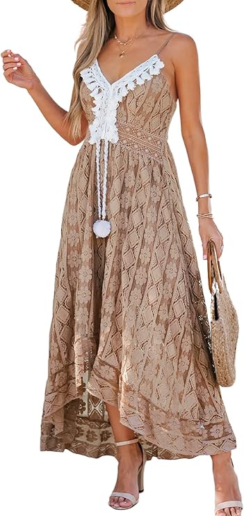 Dream Φόρεμα Maxi Γυναικείο – V Λαιμόκοψη, Δέσιμο & Boho Σχέδιο με Κομψές Βολάν