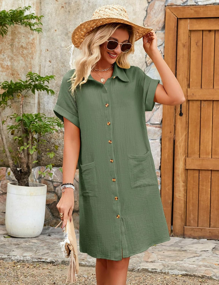 Rada Vestito Camicia Donna – Cotone 100%, Scollo V & Tasche Casual Estivo
