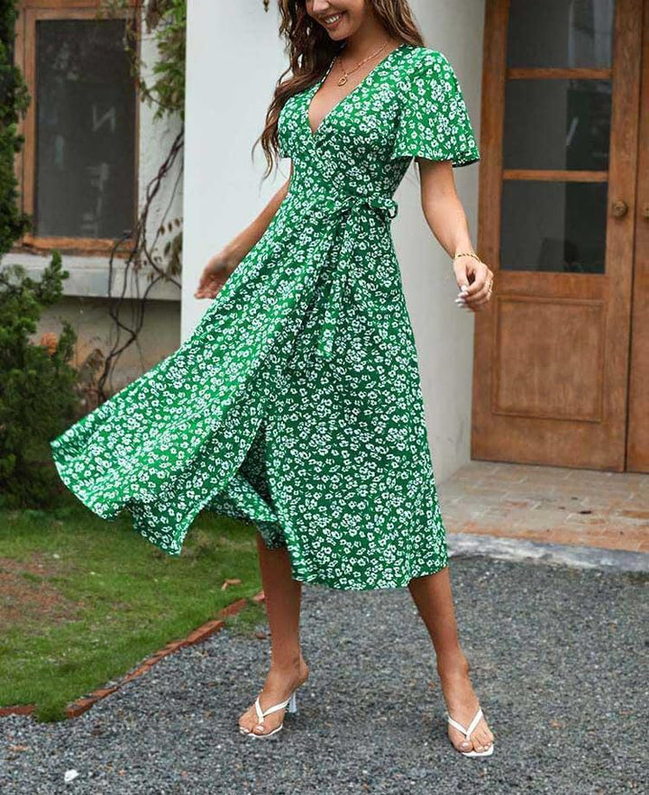 Giulia Midi šaty pro ženy – výstřih do V, květinové zavinovací a elegantní letní áčkové