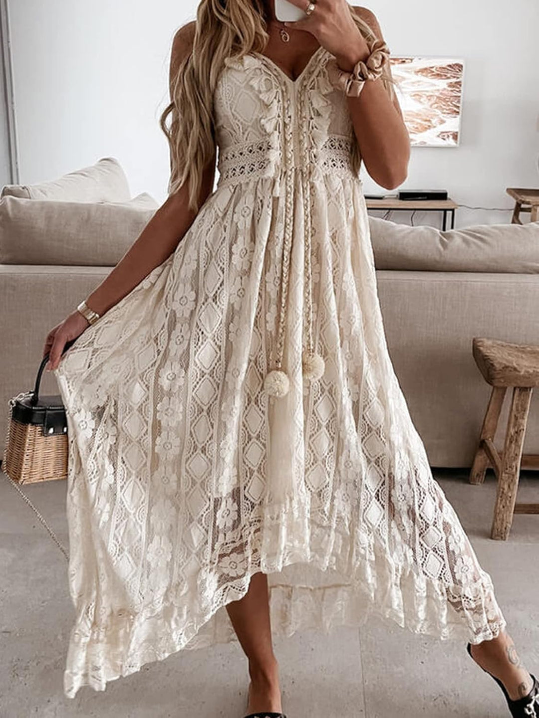 Dream Φόρεμα Maxi Γυναικείο – V Λαιμόκοψη, Δέσιμο & Boho Σχέδιο με Κομψές Βολάν