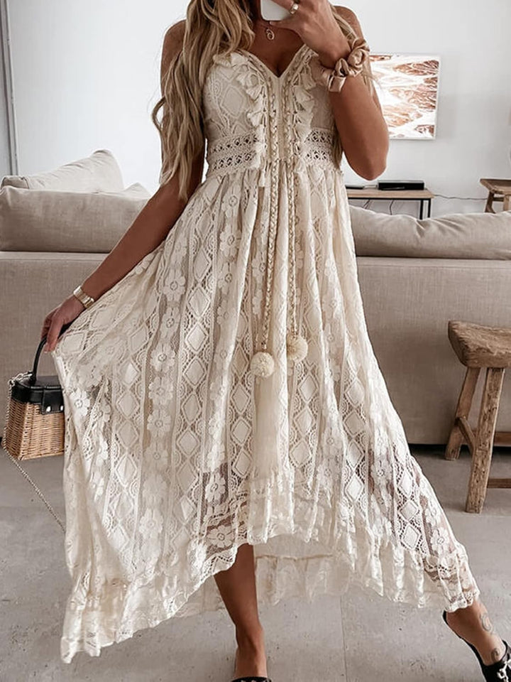 Dream Φόρεμα Maxi Γυναικείο – V Λαιμόκοψη, Δέσιμο & Boho Σχέδιο με Κομψές Βολάν