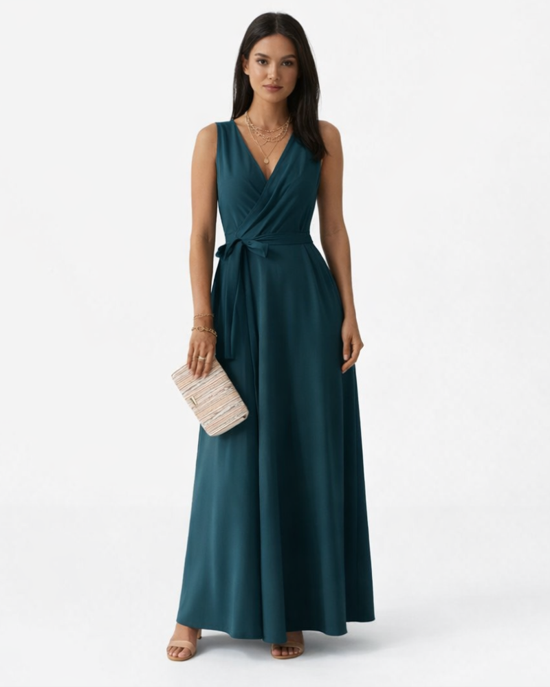 Peaches Damen Maxikleid Elegant – Kleid mit V-Ausschnitt und Gürtel mit Taillengürtel