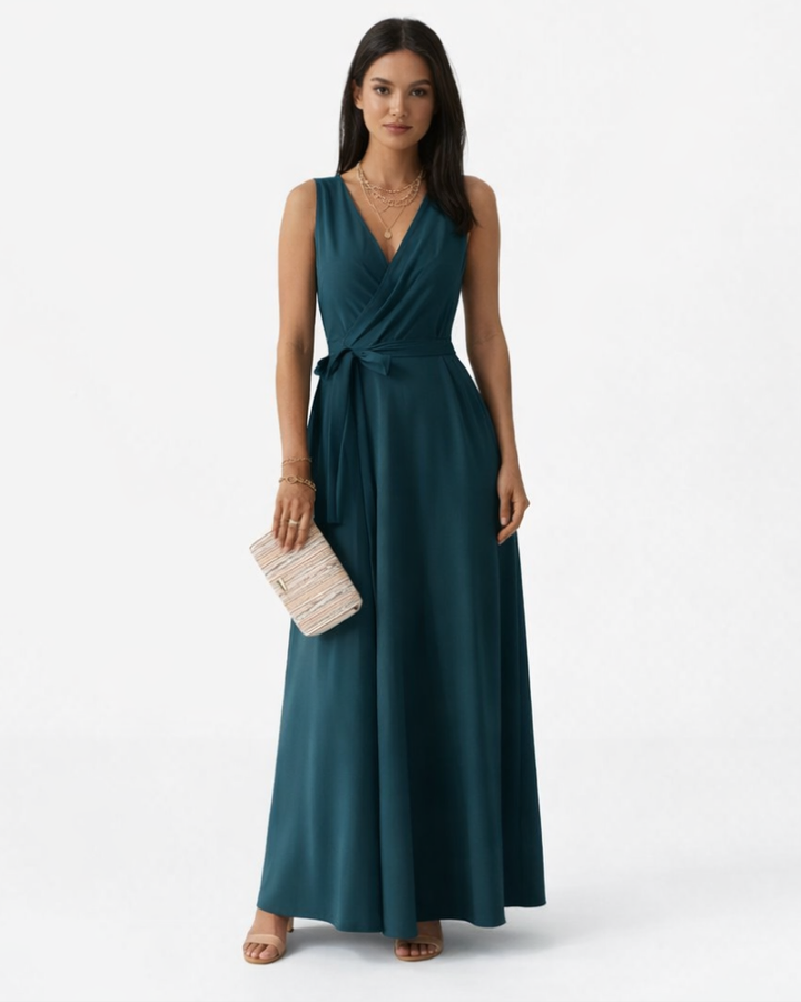 Peaches Damen Maxikleid Elegant – Kleid mit V-Ausschnitt und Gürtel mit Taillengürtel
