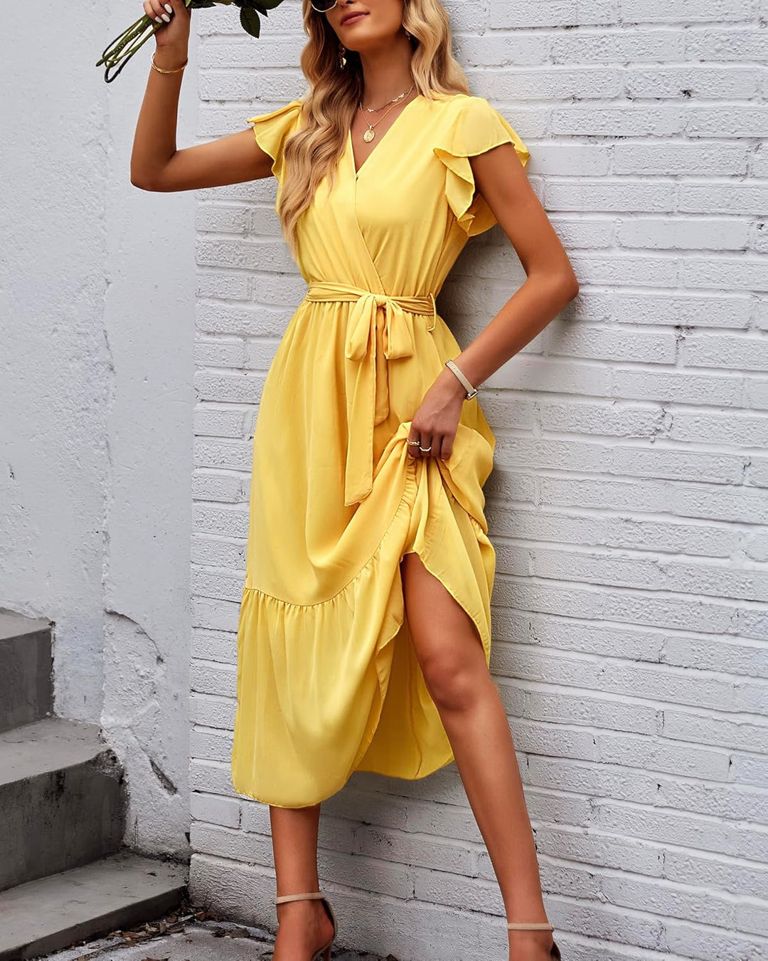 Lella Maxi Šaty Dámské – Květinový Vzor, Výstřih do V a Elegantní Boho Pásek