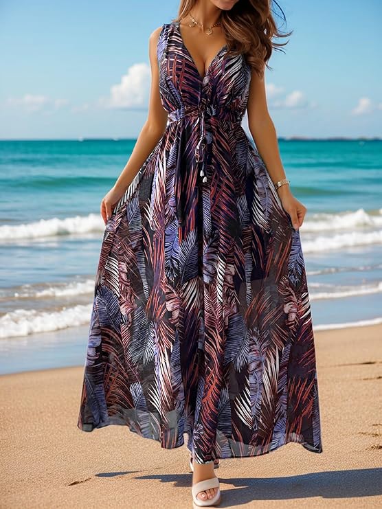 Amara Maxi šaty pro ženy – výstřih do V, bez rukávů a boho styl s šňůrkou