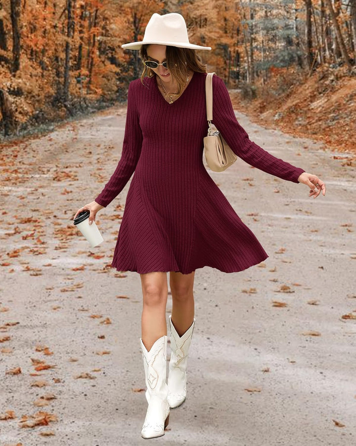 Kinsley Vestito Maglia Donna – Scollo V, A-Line & Design a Righe Elegante Invernale