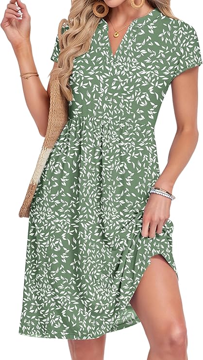 Lyra Vestito Midi Donna – Výstřih do V, Plisovaný a Kapsy, Elegantní Casual Styl