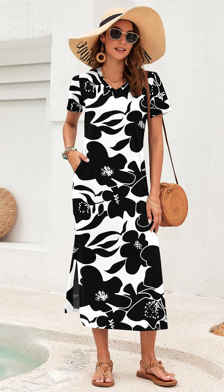 Rylie Robe Maxi Femme – Imprimé Floral, Col V & Poches Décontractées d'Été