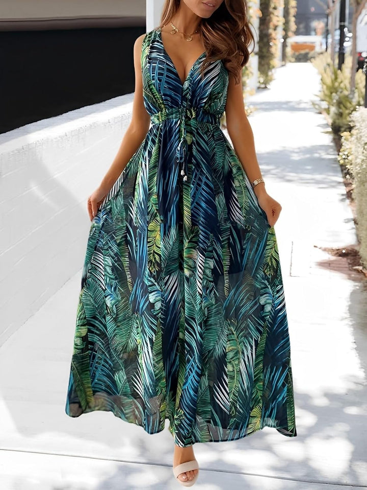 Amara Maxi šaty pro ženy – výstřih do V, bez rukávů a boho styl s šňůrkou