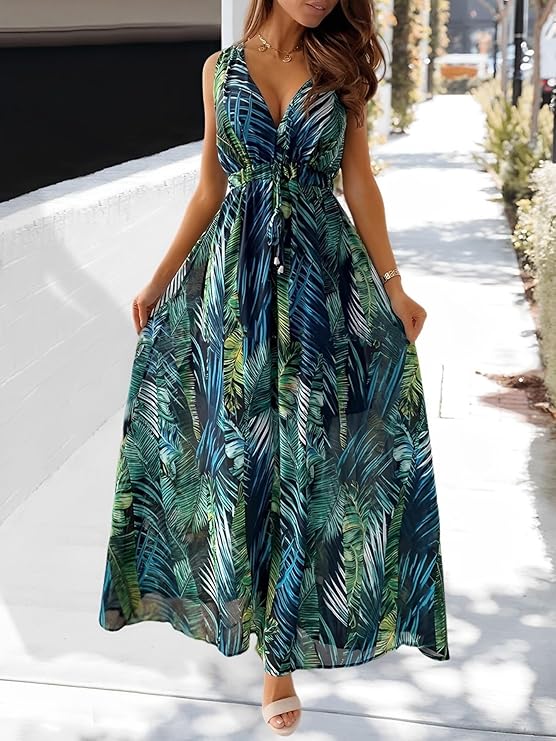 Amara Maxi šaty pro ženy – výstřih do V, bez rukávů a boho styl s šňůrkou