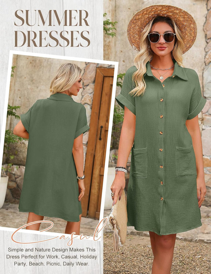 Rada Vestito Camicia Donna – Cotone 100%, Scollo V & Tasche Casual Estivo
