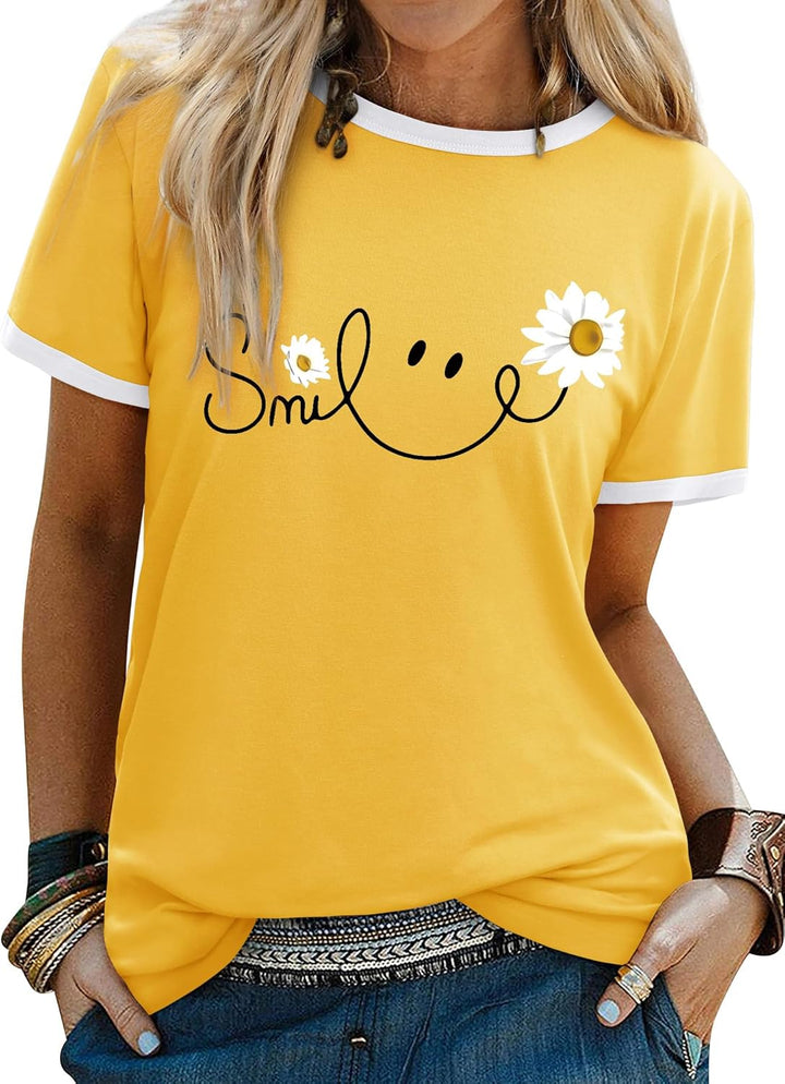 Tricou Enola pentru femei casual – top de vară cu guler rotund, imprimeu cu margarete zâmbitoare, mâneci scurte
